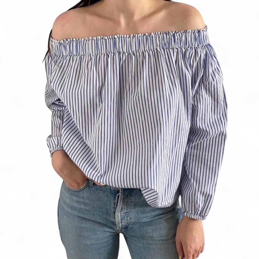 Gap Women Blue White Striped Off Shoulder Elastic Neckline Blouse Top Large